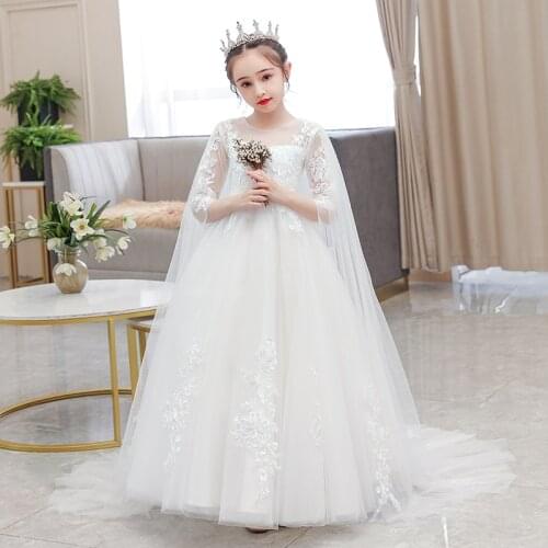 Flower Girl Dresses Sequined Embroidery Three Quarter O-Neck Princess Luxury White Floor-Length Tulle Lace Kids Party Gown H272