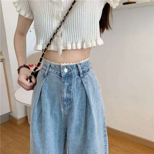 Jeans Women Wide Leg Trousers Lace Pleated Womens Clothes Vintage Female Loose High Waist Fashion Korean Denim Jean Streetwear
