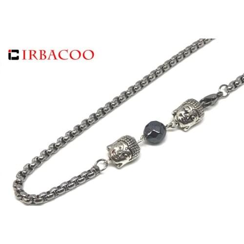 IRBACOO 2020 New Fashion Mens Necklace Double Buddha Charm With Natural Hematite Stone Chain Necklace For Men