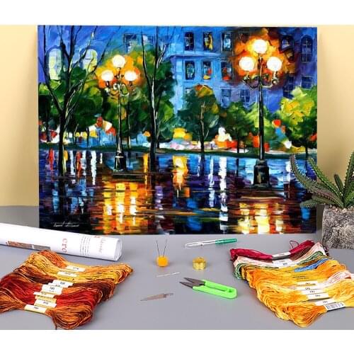 Oil Painting Style Rain City Printed Fabric 11CT Cross Stitch DIY Embroidery Kit DMC Threads Craft Hobby Needlework Counted