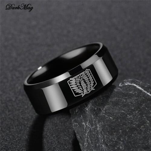 DarkMag Attack on Titan BlackStainless Steel Ring Wings Of Liberty Flag Finger Rings For Men Women Jewelry Anime Fans