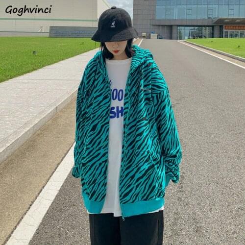 Basic Jackets Women Cotton Zebra-pattern Zipper Hooded Jacket Oversize Streetwear Hip-pop Coats Fashion Casual Womens Outwears