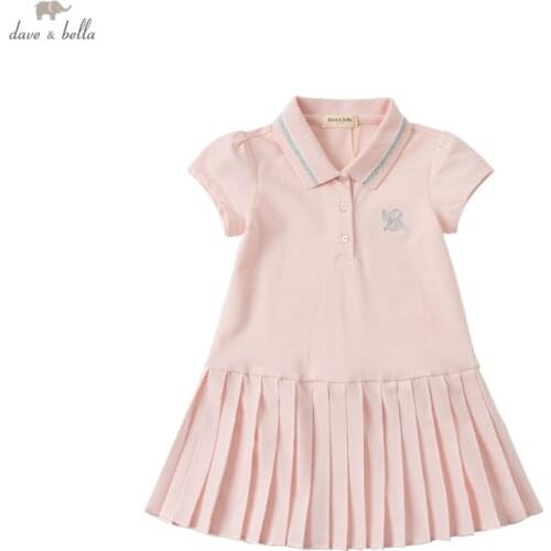 DKY17740 dave bella summer girls 5Y-13Y fashion cartoon solid draped dress children sweet dress kids infant lolita clothes