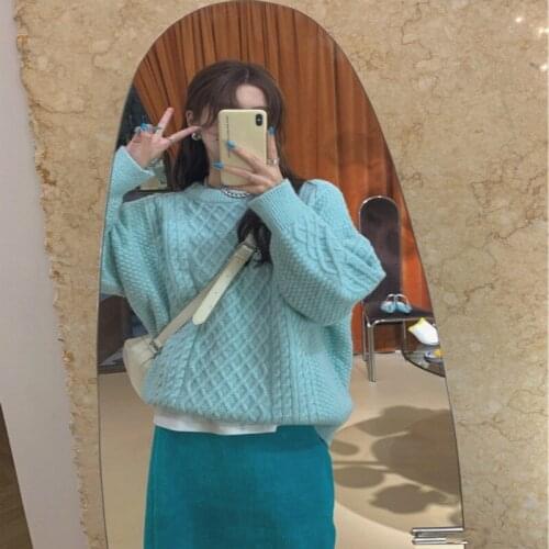 Fashion Blue Pullover Womens Loose-fitting Outer Wear Autumn and Winter Gentle Wind Thickening Warm Mid-length Round Neck Top