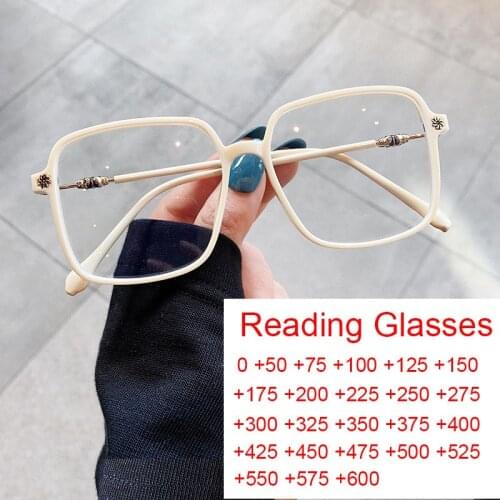 2021 Trendy Computer Presbyopia Eyewear Beige Square Metal Frame Fashion Brand Anti Blue Light Reading Glasses For Women Men TR