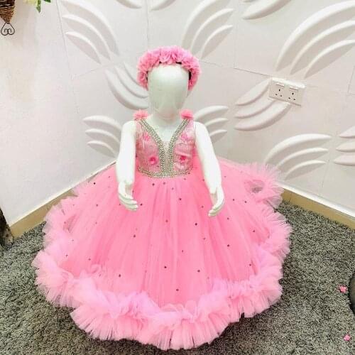 Customized Puffy Baby Girl Dress Pink Tulle Shiny Beading Princess First Birthday Dress Pageant Party Gown Photography