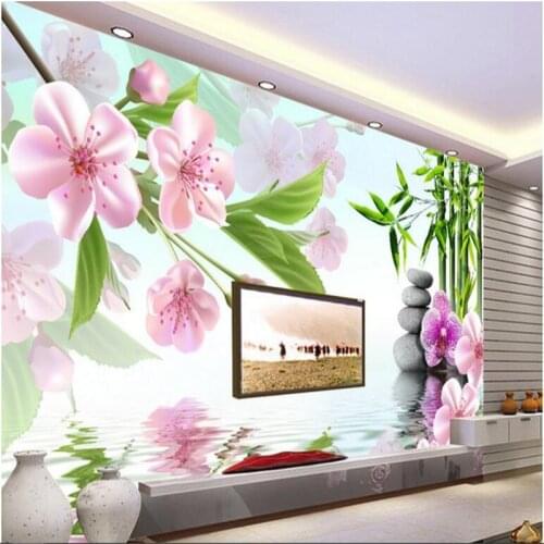 Beibehang Custom wallpaper beautiful flower green bamboo stone water reflection 3D TV backdrop wall