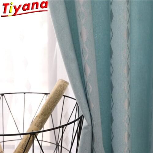 Simple Geometric Jacquard Blackout Curtain Fabrics for Living Room Geometric Solid Tulle White/Blue Square Geometric Yarn 30