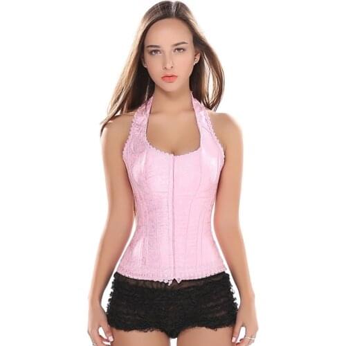 Pink Jacquard Straps Overbust Corset Sexy Waist Cincher Bustier Shapewear Lace Up Boned Bustier BodyShaper Halter Corset S-6XL