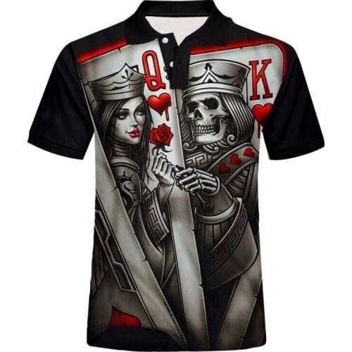 UJWI Summer Top Mens 3D Poker Queen King Skull Printed Custom Polo Shirt Man Casual Male Body Building Oversized Shirt Dropship