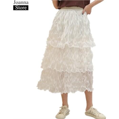 Spring Summer New Mesh Splicing Skirt Women High Waist Pleated Solid Sweet Party Cupcake Skirts Ladies White Plus Size Clothes