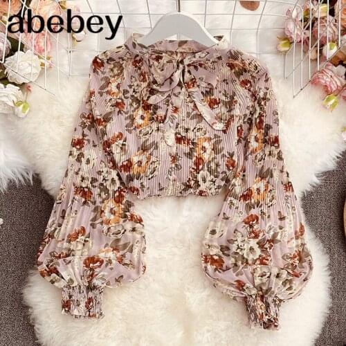 2021 New Spring Women Sweet All-match bow lace up stand collar Lantern Sleeve ruched Slim Shirt Top