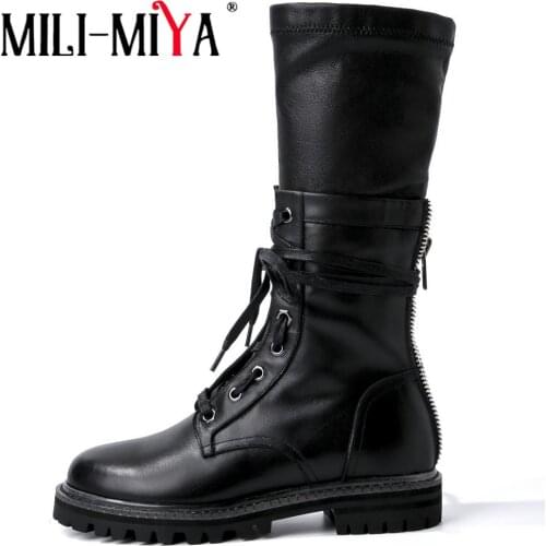 MILI-MIYA Black Fashion Round Toe Winter Mid Calf Boots Women Zip Cross Tied Square Heel Classic Ladies Genuine Leather Shoes