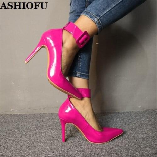 ASHIOFU New Ladies High Heel Pumps Patent Leather Buckle Strap Party Dress Shoes Real-photos Evening Fashion Court Shoes 2-color