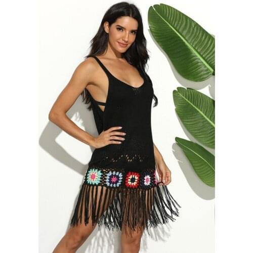Women Summer Crochet Swimsuit Bikini Cover Up Sleeveless Fringe Tassels Midi Long Beach Dress Sexy Scoop Neck Swimwear
