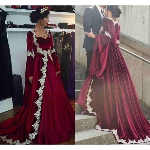 2019 Arabic Dubai Long Sleeves Evening Dresses Hot Burgundy Velvet With Appliques Long Vintage Muslim Party Gown evening dress