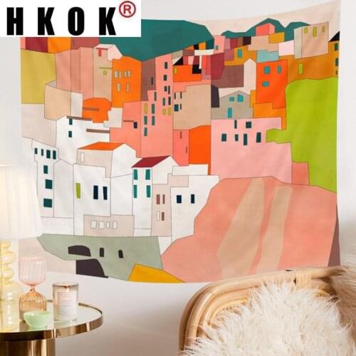 HKOK Italy Coast House Scenic Tapestry Wall Hanging Covering Rugs Background Cloth Beach Mat Blanket Art Bedroom Living Home Dec