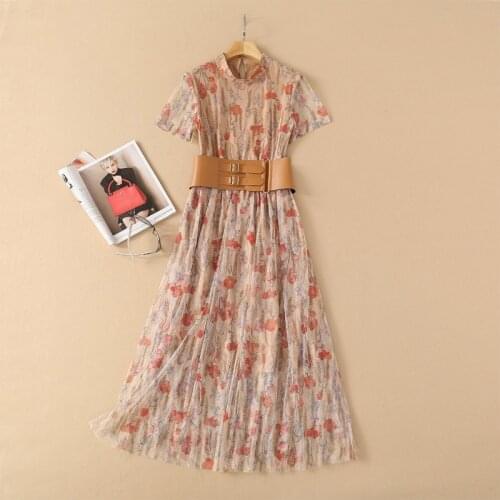 2021 summer women new design dresses with belt quality mesh flower printed women runway dress
