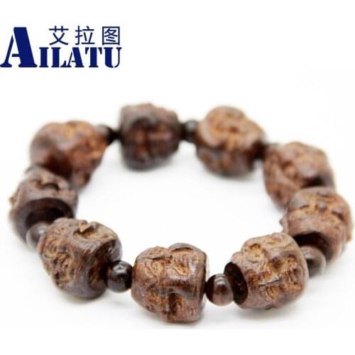 Ailatu Retail 20mm Big Carved Luohan Buddha Wood Bracelet, Prayer Malas Jewelry