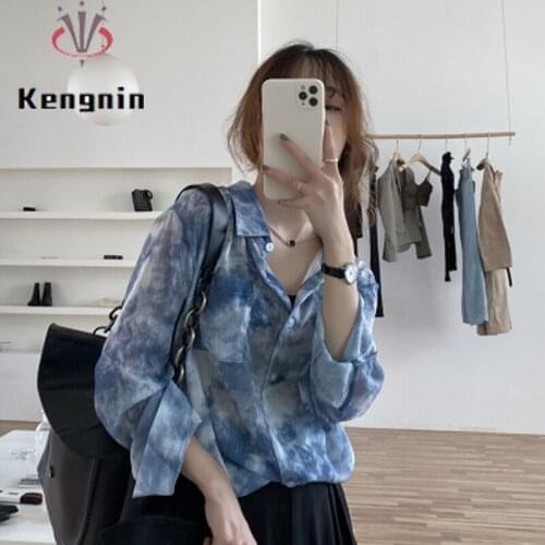 Blue Color Oversized Womens Shirts 2021 Summer Loose Long Sleeve Print Female Blouse Chiffon Office Lady Tops KE1089