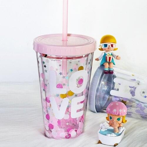 Water bottle English alphabet pattern dot wave wave plate double-layer plastic sequin drinking straw outdoor cup
