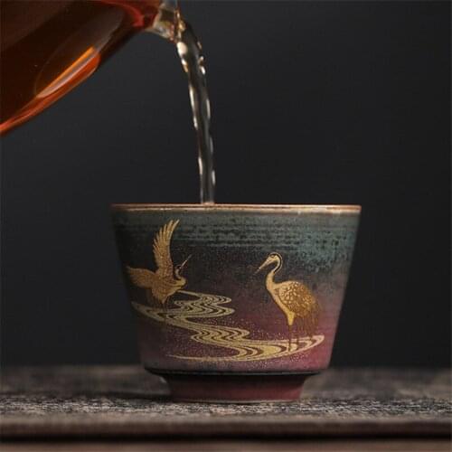 Japanese Style Handmade Coarse Pottery Kiln Change Master Tea Cup Creative Ceramic Hand Painted Crane Teacups Tea Set Drinkware