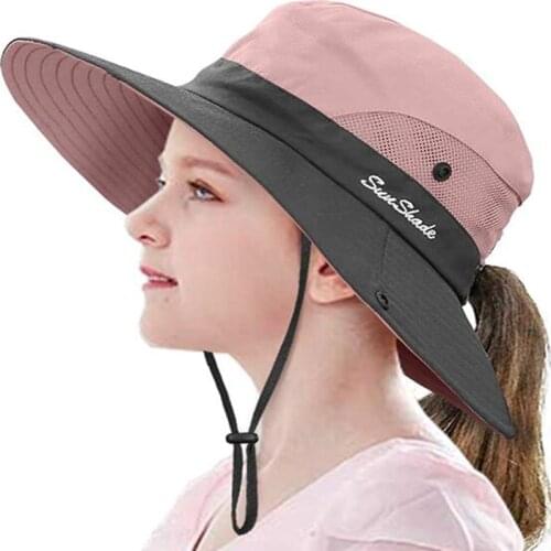 Kids Ponytail Sun Hat Wide Brim UV Protection for Girls Beach Bucket Cap Children Outdoor Foldable Safari Travel Fishing Cap