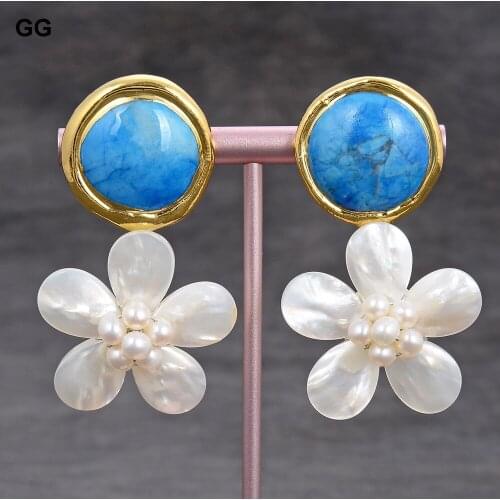 GuaiGuai Jewelry Natural Handmade Blue Imperial Jasper Gems White Shell Flower Stud Earrings For Women