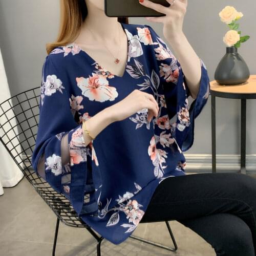 Net Yarn Splice Print Flared Sleeves Summer Retro Women Chiffon Shirts Blouses Loose Large Size Fashion Tops Blusas MM0397