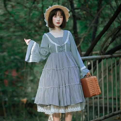 Preppy style student retro sweet lolita sets v-neck pleated victorian printing kawaii girl loli cos gothic lolita cupcake dress