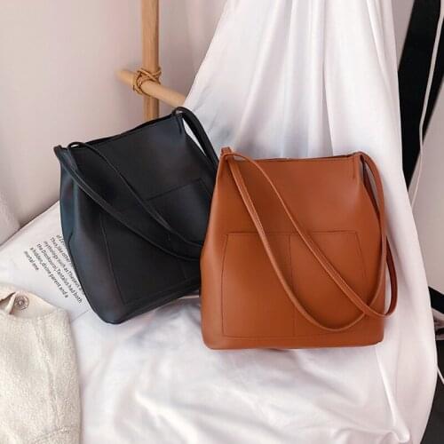 Korean Lady Double Pocket One Shoulder Bag Simple Fashion Bucket Bag All Kinds of Large Capacity PU Bag