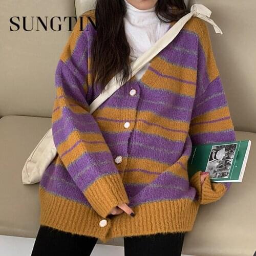 Sungtin Korea Striped Knitted Cardigan Women Vintage Oversized Cozy Loose Color Block Sweater Coat Elegant Casual Jumpers Jacket