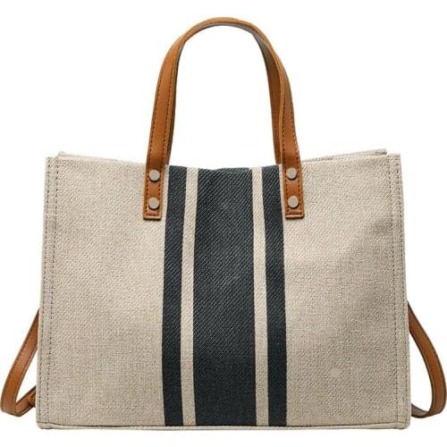 Korean Womens Hand-held Briefcase Professional Commuting Stripe Simple One Shoulder Large Bag Ins Large Capacity Canvas Bag