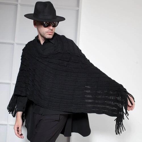 European and American trendy mens nightclub DS long black fringed hooded bat shirt cape cloak male dark wizard
