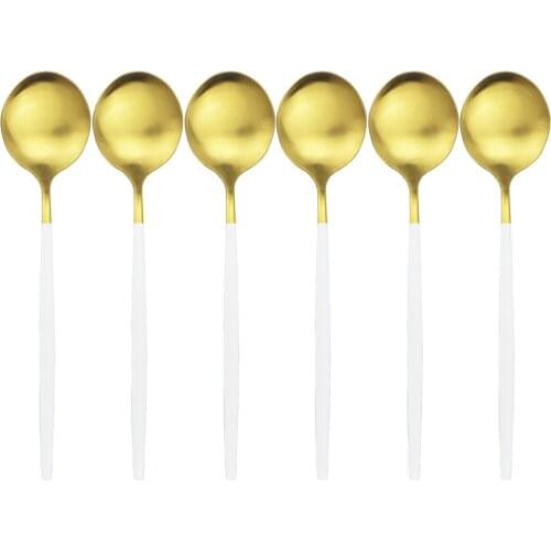 6Pcs White Gold Desser Spoon Matte Stainless Steel Soup Spoon Dinner Set Long Handle Scoop Cake Fruit Spoon Salad Dinnerware Set