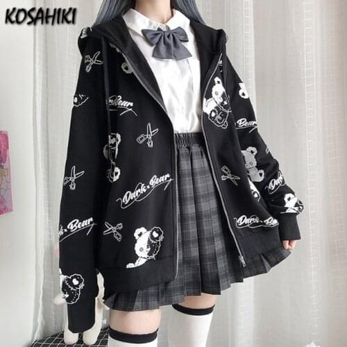 KOSAHIKI 2021 New Zip Up Sweatshirt Spring Kawaii Cartoon Bear Jacket Clothes Hoodies Women Vintage Black Harajuku Streetwear