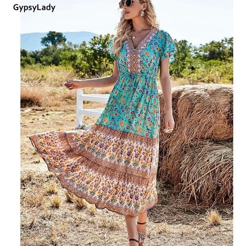 GypsyLady Vintage Floral Print Maxi Dress Casual Boho Summer Dress Ruffles V-neck Button Front Sexy Holiday Ladies Female Dress