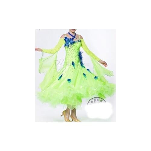 Customize green back cutout cha cha ballroom Waltz tango salsa Fox trot Quick step dress with feather black pool competition