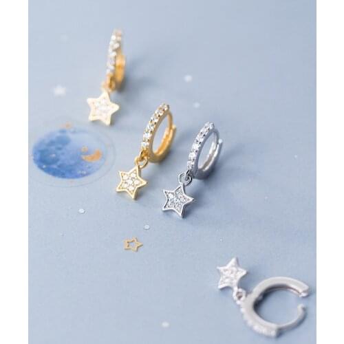 18K Gold Authentic 925 Sterling Silver Jewelry CZ set Star Hoop Huggie Earrings ear bone Piercing C-G6163