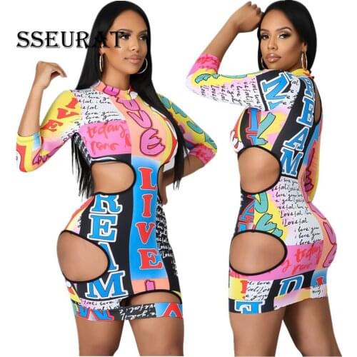 SSEURAT Women Dress Print Three Quarter Sleeve O-neck Hollow Out Sheath Elastic Mini Dresses Sexy Night Club Dress Summer