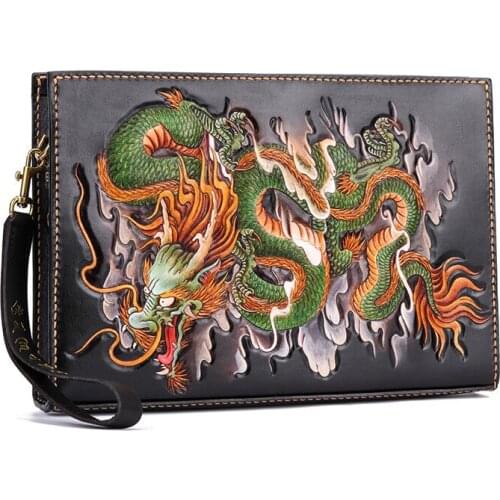 Women Men Vegetable Tanned Leather Shoulder Bag Money Holder Cowhide Hand-carved Dragon King Clutch Purse Clutches Envelope