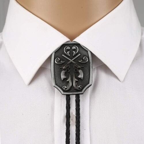 Vintage Gouble gun bolo tie for man Indian cowboy western cowgirl leather rope zinc alloy necktie