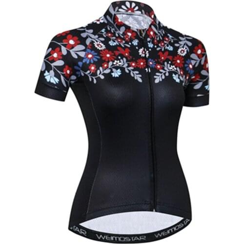 Weimostar Breathable Cycling Jersey woman Summer Black Flowers Cycling Clothing girl Short Sleeve mtb Bicycle Bike Jersey Shirt