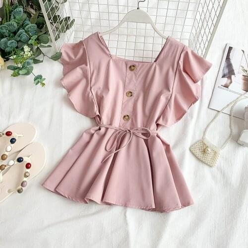 Summer Womens Ruffled Shirt Korean New Retro Wild Solid Square Collar Butterfly Sleeve Lace Shirt Women Top and Blouses Y468