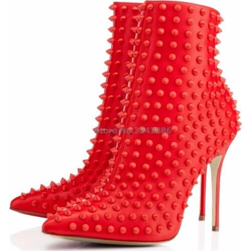 Black Red Imitation Sheepskin Women Boots Pointed Toe Rivet Thin High Heel Boot Fashion Sexy Spring Autumn Ankle Boots