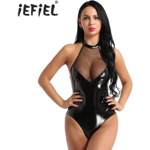 Women Wetlook Costumes Adult Mesh Patchwork Lingerie Sexy Clubwear Backless High Cut Teddy Bodysuit Adult Cocktail Nightwear