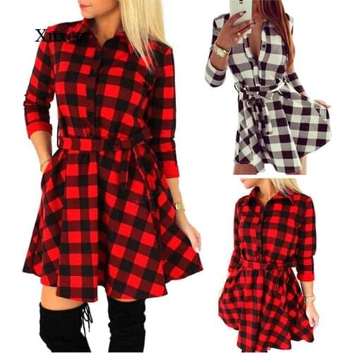 Plaid Print a Line Fashion Women Mini Dress Belt British Style Elegant 3/4 Sleeve Shirt Checked Short Dresses Clothing Outfits