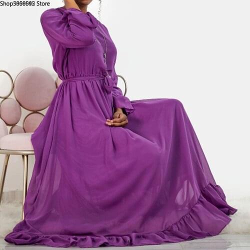 Eid Chiffon Abaya Dress Muslim Women Lined Long Maxi Ruffles Dress Long Flare Sleeve Summer Tie Waist Solid Color Modest Wear