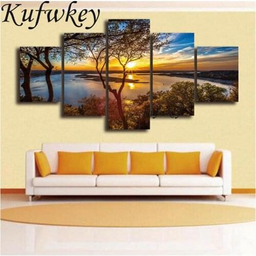 5pcs/set 5d Diamond Embroidery Sunset Lake Tree 3d Diamond Painting Cross Stitch Mosaic Pattern Square Rhinestone Decor triptych