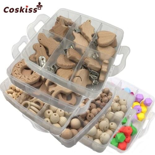 Baby Teether 6 Boxed Silicone Hexagon Beads Wooden Animal Teether Pacifier Clip Wood Rings Teether DIY Baby Teething Necklace